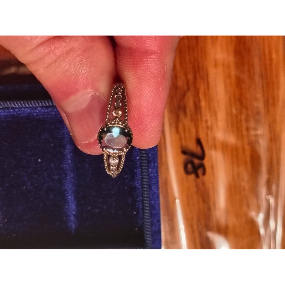 925 Oval Blue Mystic Stone Cocktail Ring Size 10 Tone Milgrain Split Shank